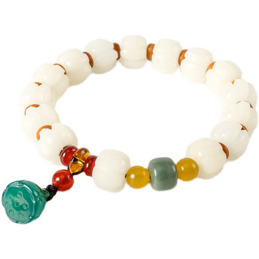 Bodhi Pumpkin Bead and White Jade Bracelet with Sterling Silver Accent - Unisex Zen Accessory