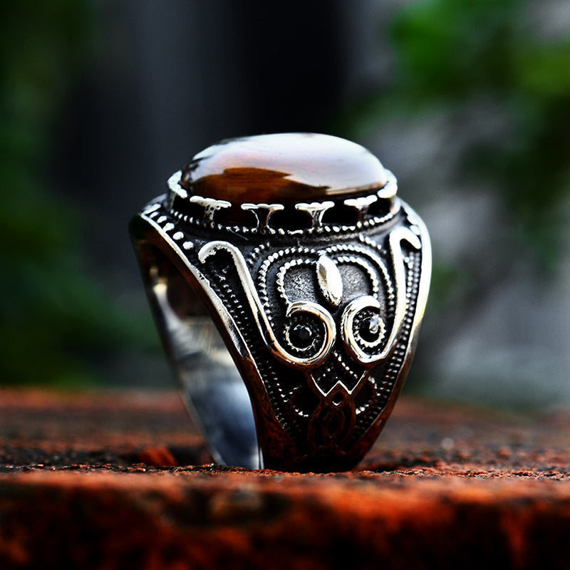 Retro Titanium Steel Tiger's Eye Inlaid Ring for Men - Hot Sale Cross-Border Wholesale