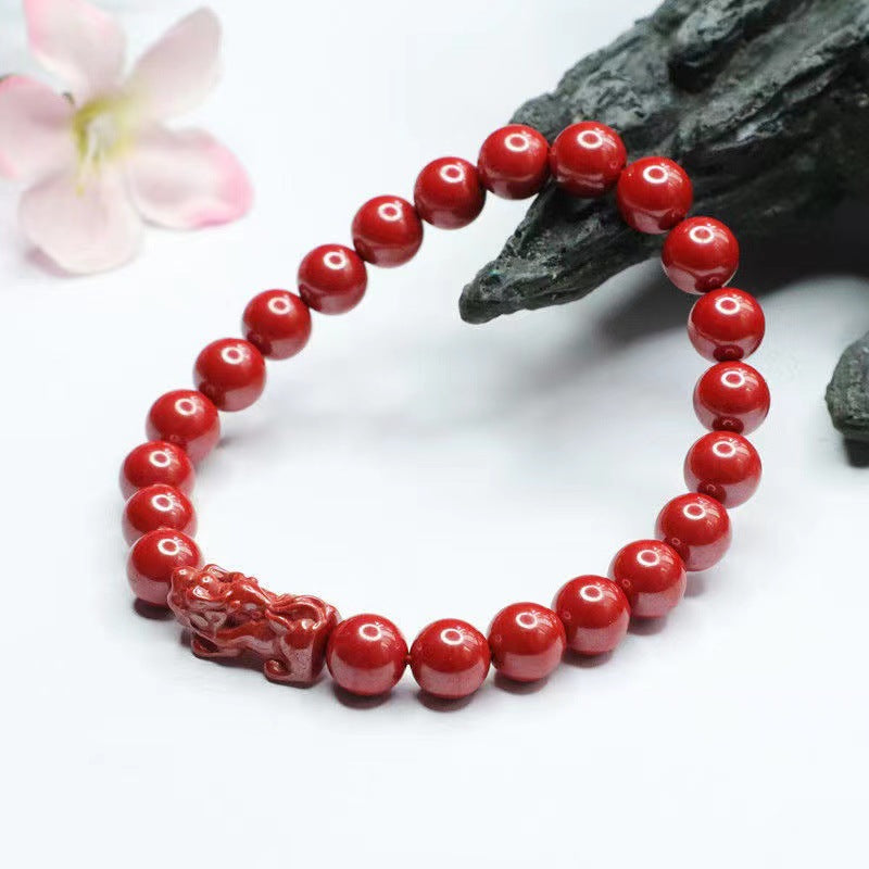 Cinnabar Stone Pixiu Sterling Silver Bracelet