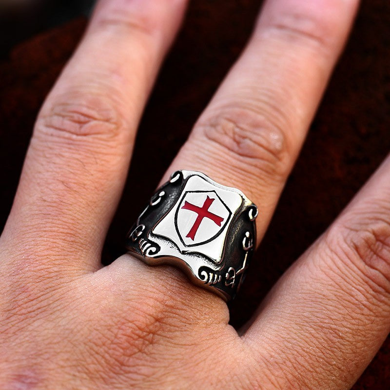 Vintage-Inspired Titanium Steel Shield Cross Epoxy Ring for Men - Sizes 7-13 Available