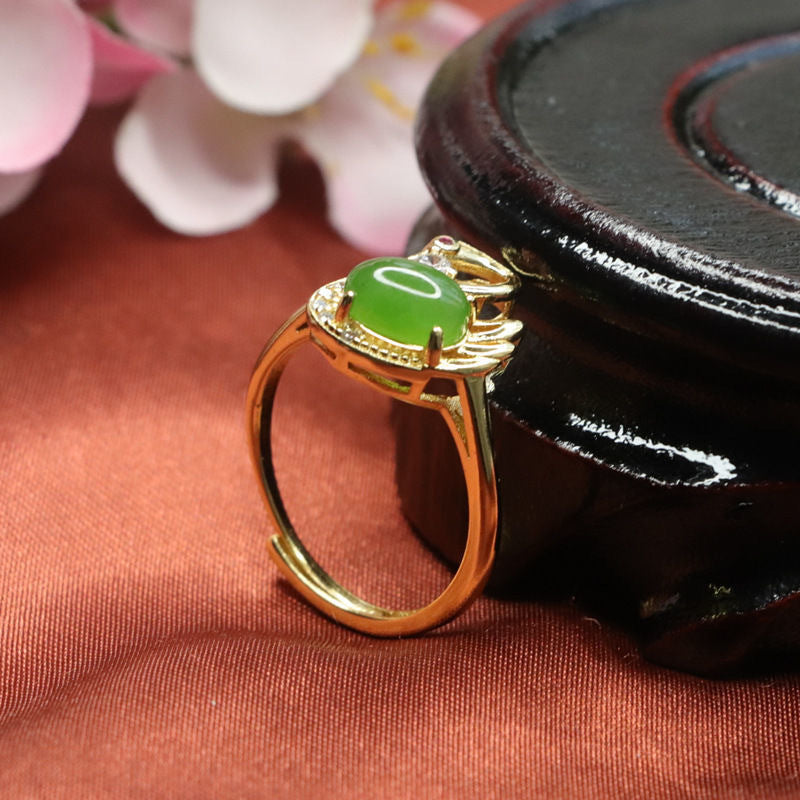 Fortune's Favor Adjustable Hetian Jade and Green Jasper Swan Zircon Ring