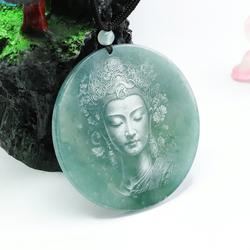 Green Jade Guanyin Bodhisattva Sterling Silver Pendant