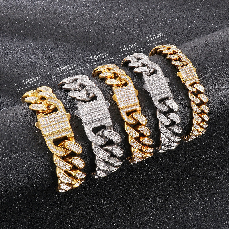 Stainless Steel Cuban Chain Bracelet Set for Men - Hiphop Inspired Jewelry with Full Zircon Accents