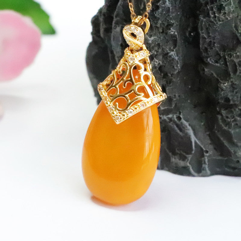 Golden Amber Beeswax Pendant Sterling Silver Necklace