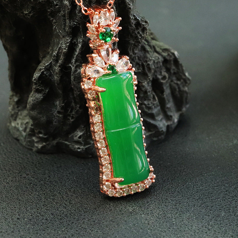 Jade Chalcedony Bamboo Zircon Rose Gold Fortune Pendant