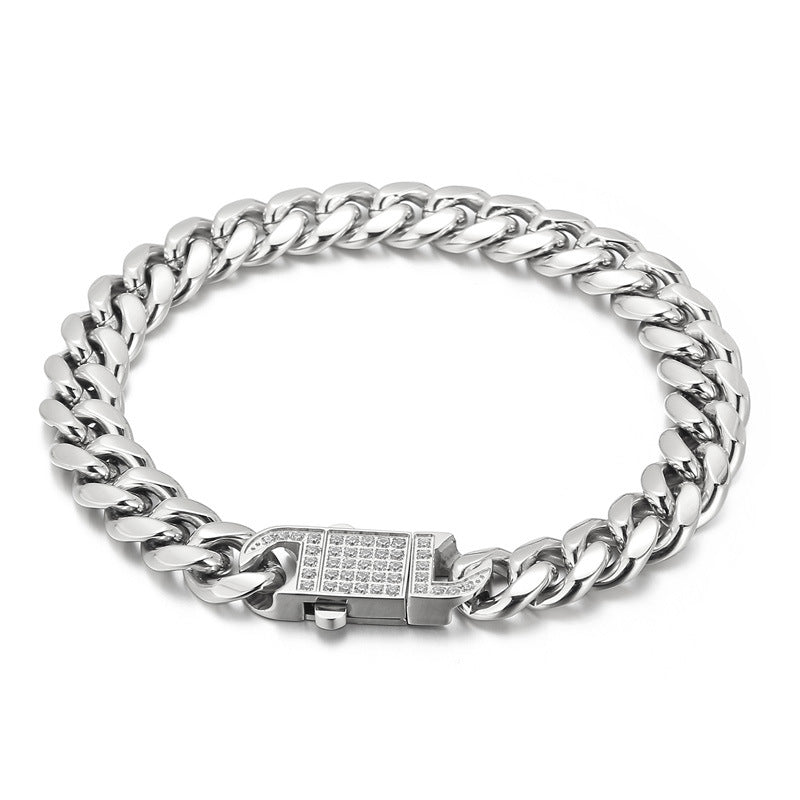 Personalized Titanium Steel Cuban Chain Jewelry for Men - Zircon-Encrusted Bracelet and Necklace Set