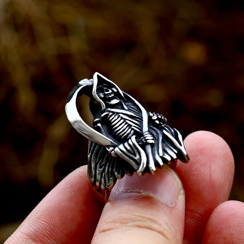 Retro Titanium Steel Skull Ring for Men - Cross-Border Stainless Steel Death Sickle Design