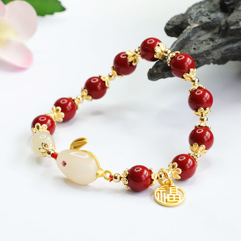 Rabbit Jade and Cinnabar Sterling Silver Blessing Bracelet