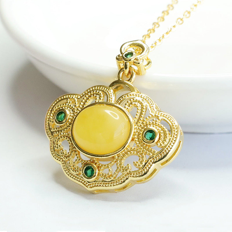 Palatial Style Beeswax Amber and Green Zircon Hollow Ruyi Pendant in Natural Sterling Silver