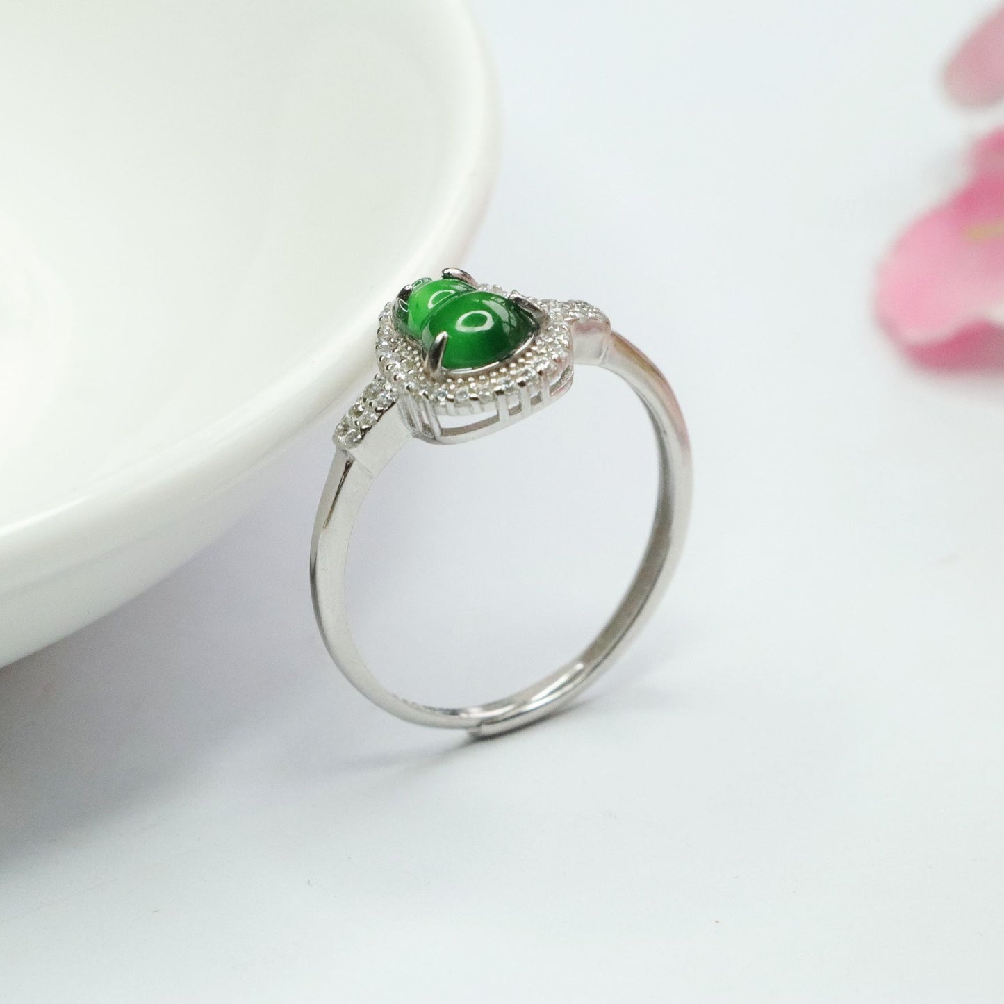 Sterling Silver Adjustable Imperial Green Jade Gourd Ring with Zircon Halo