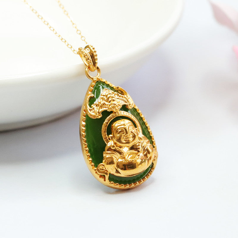 Golden Buddha Necklace with Hetian Jade Water Drop Jasper