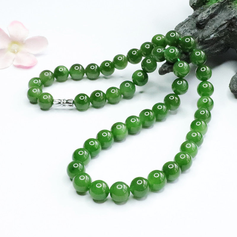 Natural Hetian Jade Necklace Jasper Russian Spinach Green Beads