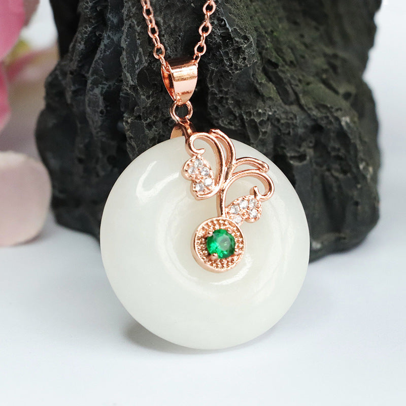 Elegant Grace and Fortune Hetian Jade Pendant Necklace with Zircon Butterfly Detail on Rose Gold Setting