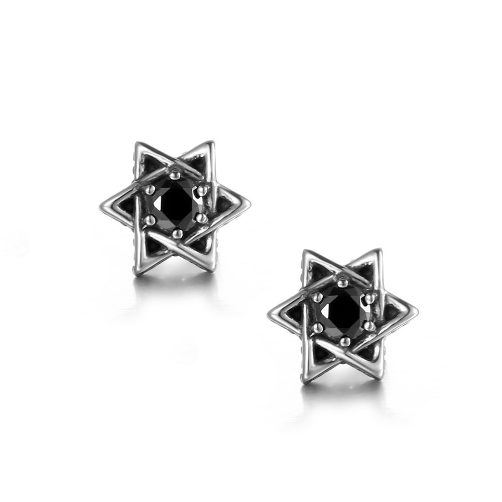 Retro-Inspired Titanium Steel Hexagram Earrings with Zircon Inlay for Men