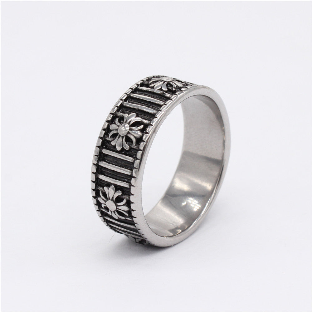 Cross Flower Vertical Stripe Titanium Steel Ring for Men