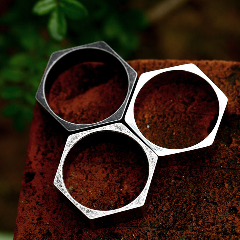 Titanium Steel Viking-Inspired Hexagonal Nut Ring for Men - Japanese and Korean Fashion