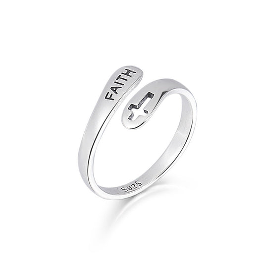 FAITH Letter and Hollow Cross Opening Sterling Silver Ring