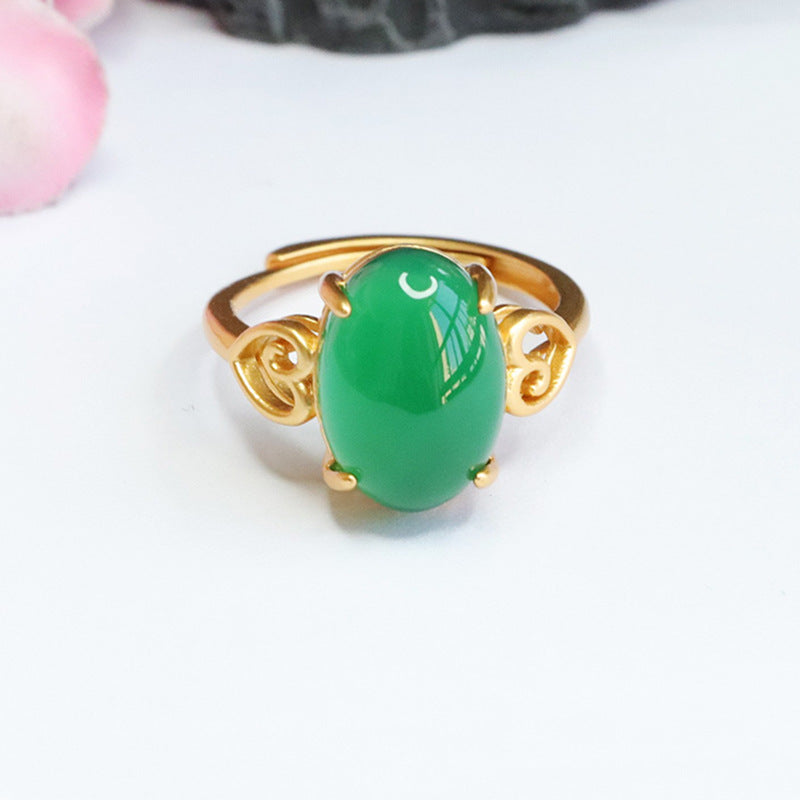 Green Chalcedony Sterling Silver Retro Hollow Ring