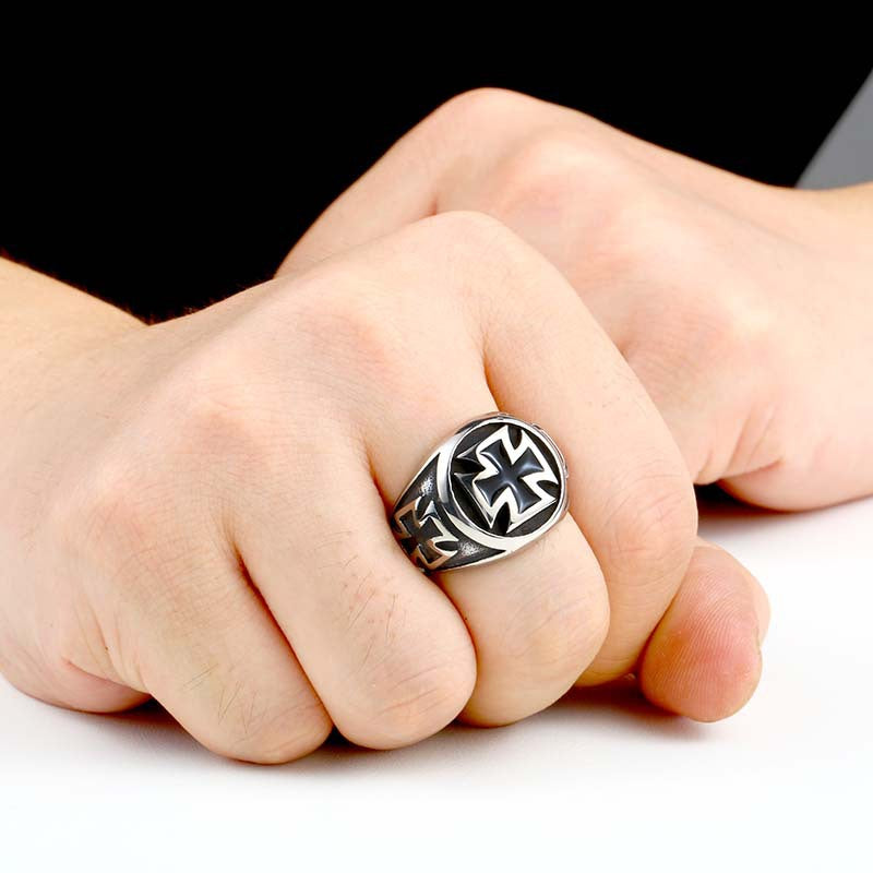 Titanium Steel Epoxy Ring for Men - Retro Cross Design, Stylish Stainless Steel Band for European and American Fashion