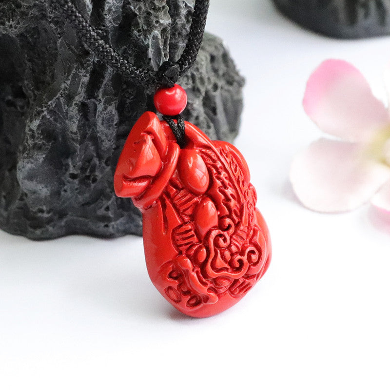 Red Sand Cinnabar Pendant with Gold Beast Money Bag