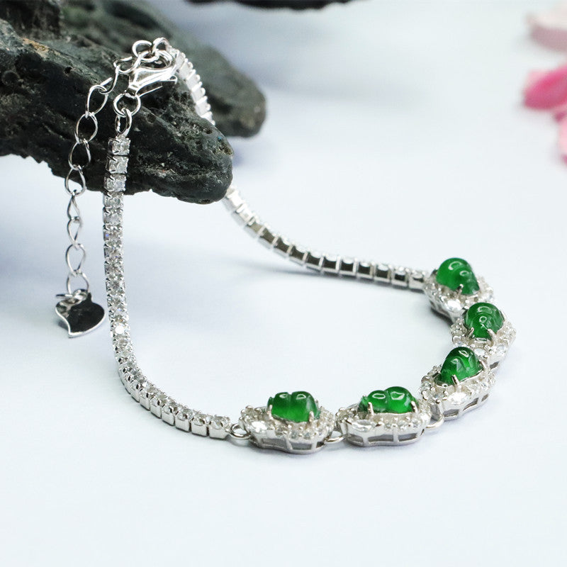 Jade Gourd Ice Seed Emperor Green Sterling Silver Bracelet