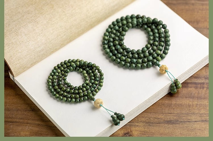 Sterling Silver Green Sandalwood Buddha Beads Bracelet Set