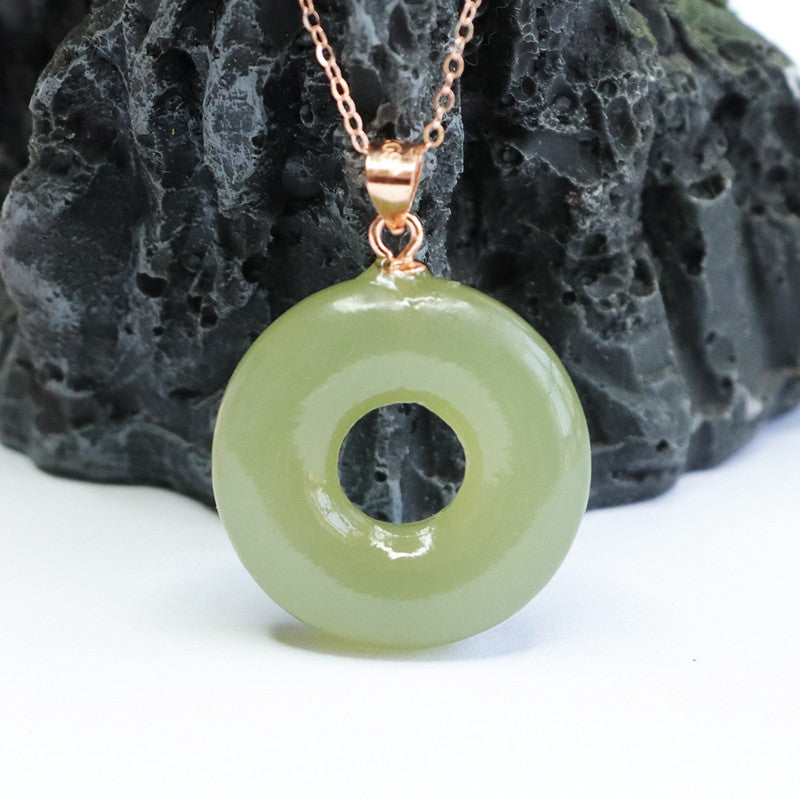 Natural Hetian Jade Lake Green Jade Sterling Silver Necklace with Hollow Circle