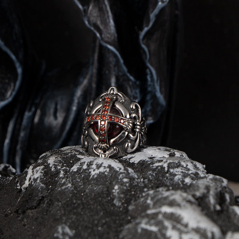 Gothic Crown Ring for Men with Dominant Red Zircon in Titanium Steel