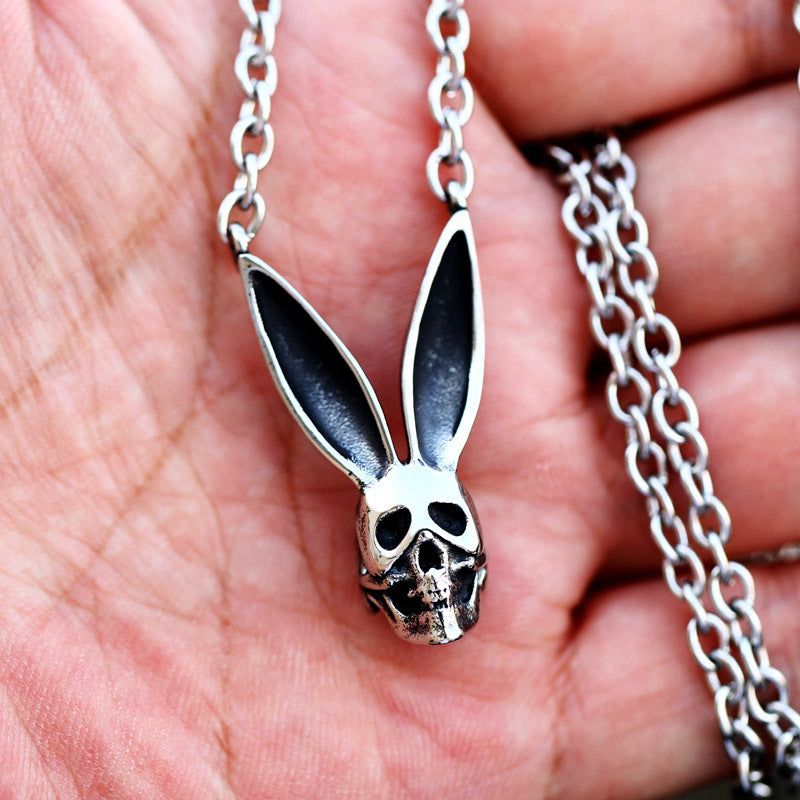 Vintage-Inspired Skull and Rabbit Ear Titanium Steel Necklace for Men, Unique European American Jewelry