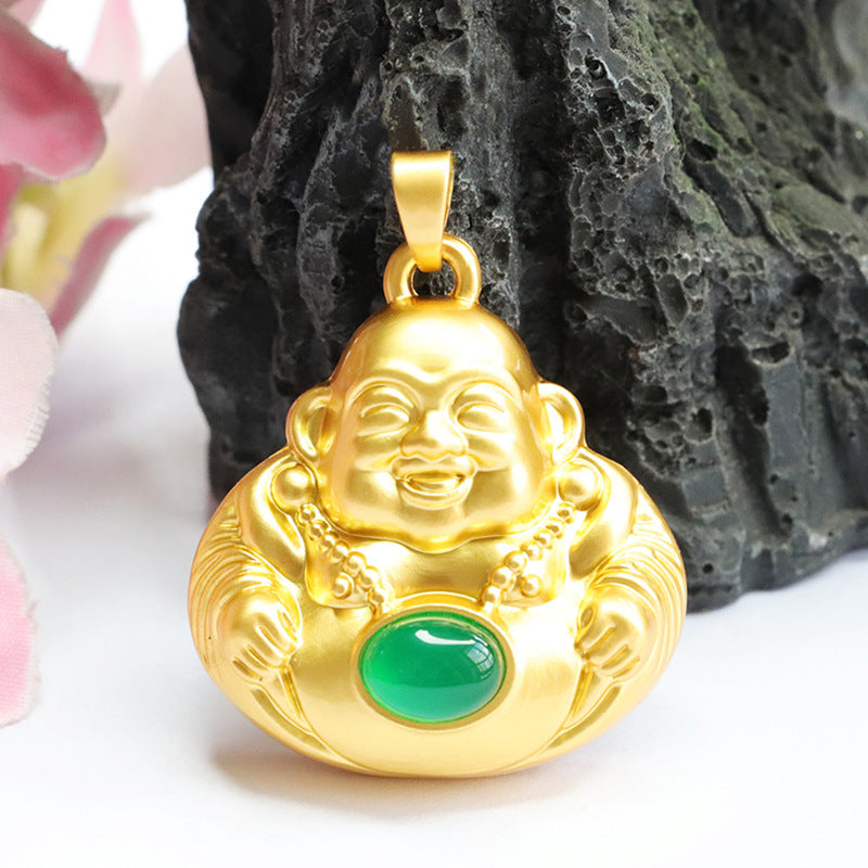 China-Chic Sterling Silver Maitreya Buddha Pendant with Natural Red Agate and Green Chalcedony