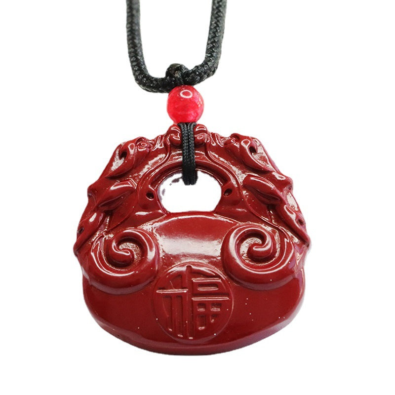 Double Dragon Cinnabar Pendant with Purple Gold Sand & Blessing Lock from Fortune's Favor Collection