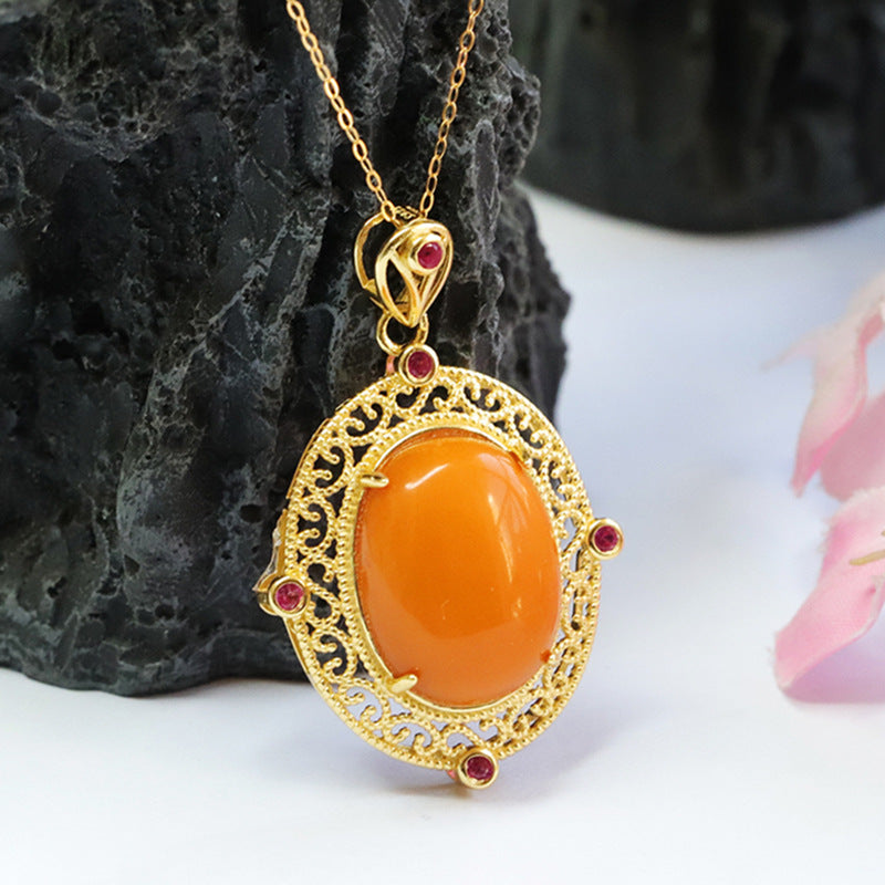 Sterling Silver Beeswax Amber Pendant Hollow Necklace