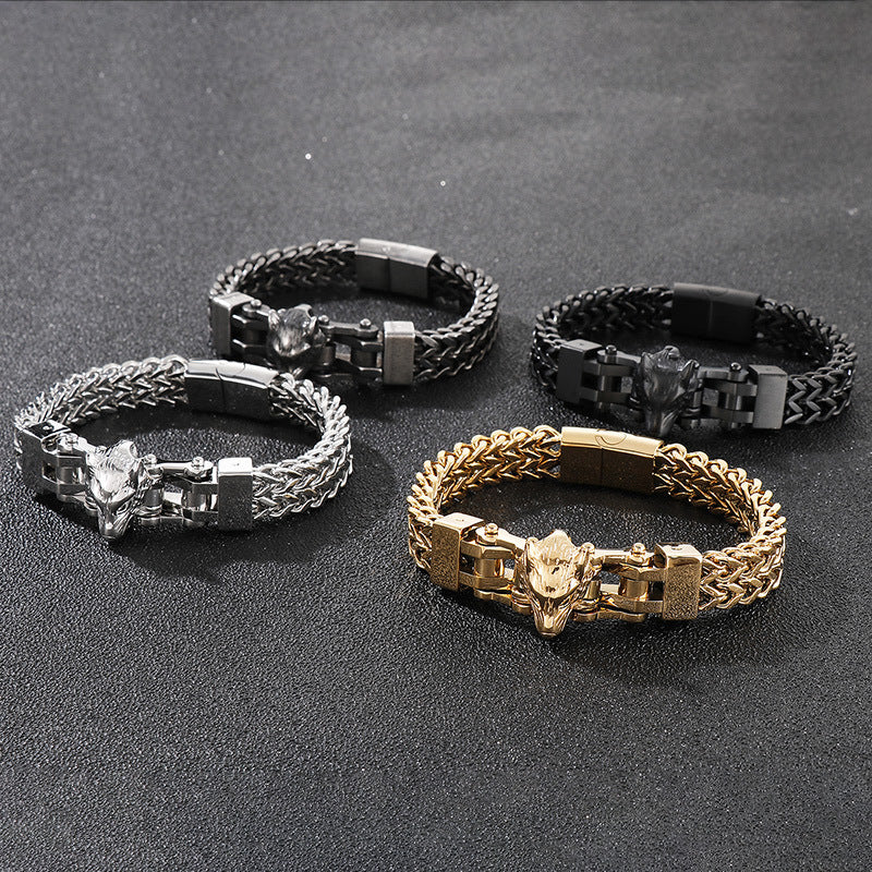 European and American Hip-Hop Style Electroplated Wolf Head Titanium Steel Bracelet for Men