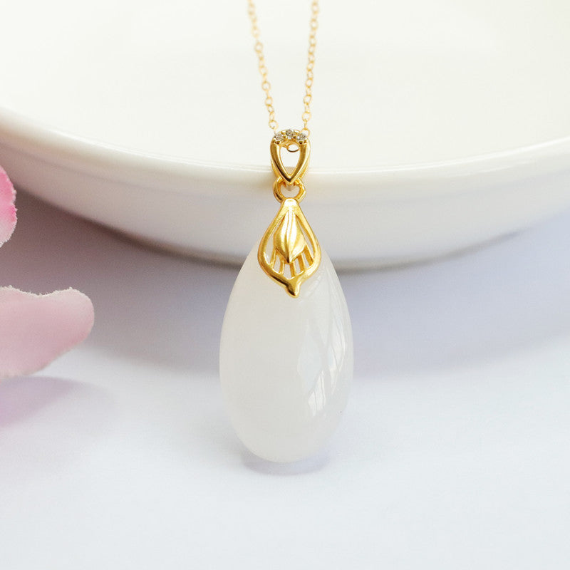 White Hetian Jade Droplet Necklace with Sterling Silver