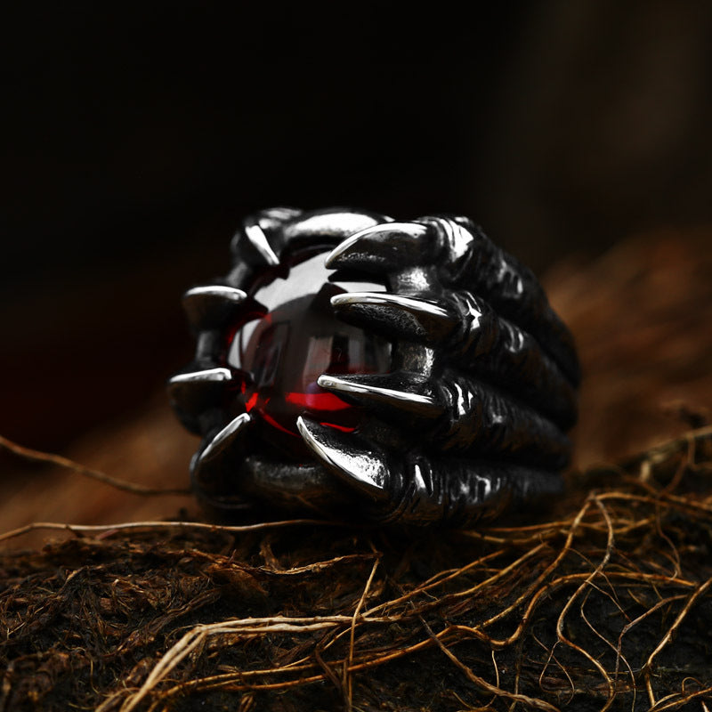 Titanium Steel Dragon Claw Ring with Stone Inlay – Retro European and American Design for Men