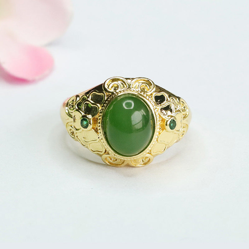 Elegant Green Jade Jasper Bow Pattern Ring with Sterling Silver Detail