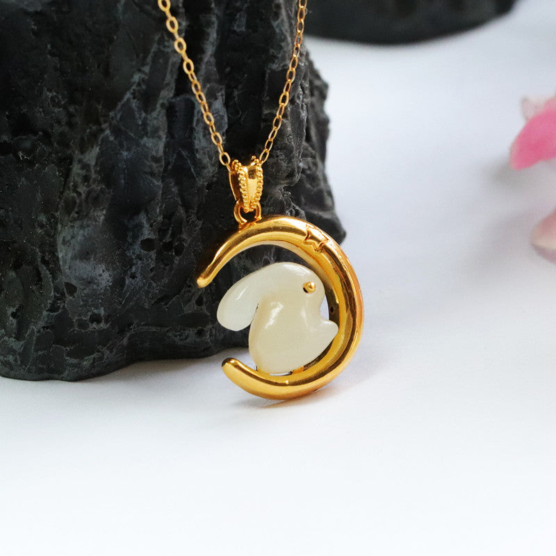 Hetian Jade Rabbit Moon Sterling Silver Necklace