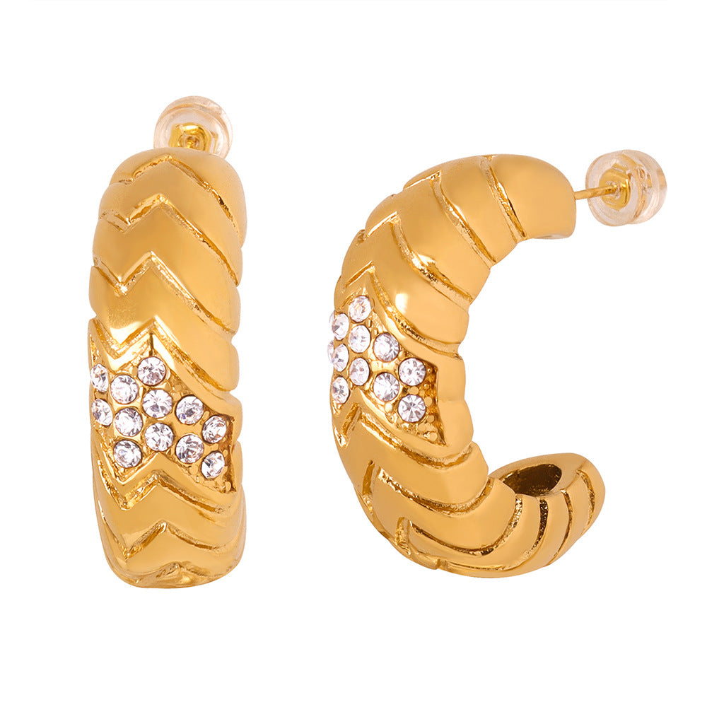 Elegant Zircon Inlaid C-shaped Earrings - Titanium Steel 18K Gold Plated Women's Jewelry