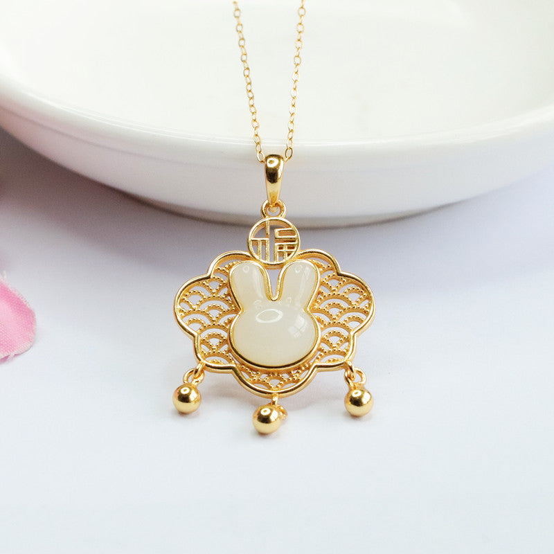 Silver Rabbit Blessing Necklace with Natural White Jade Hollow Ruyi Pendant