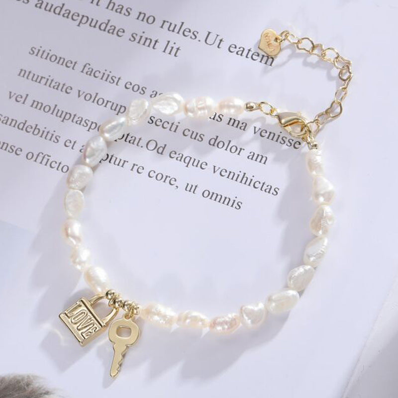 Exquisite Sterling Silver Pearl Double Key Lock Bracelet