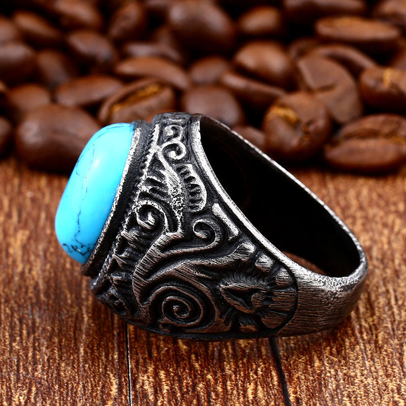 Stylish Engraved Titanium Steel Men's Ring with Vintage Gemstone Accent - Fashion Jewelry Wholesale