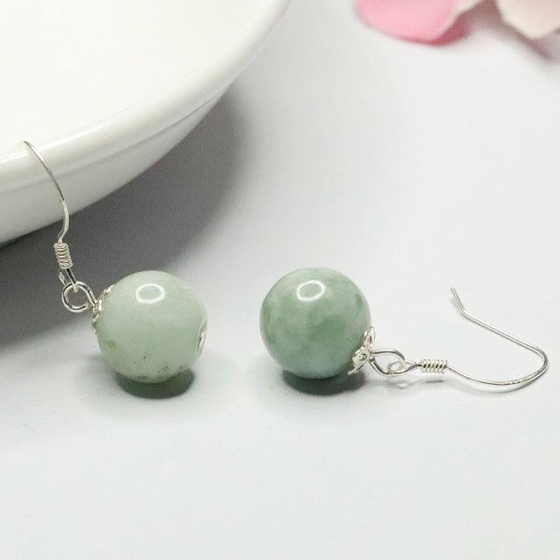 Sterling Silver Earrings with Jade Round Bead Ear Hooks