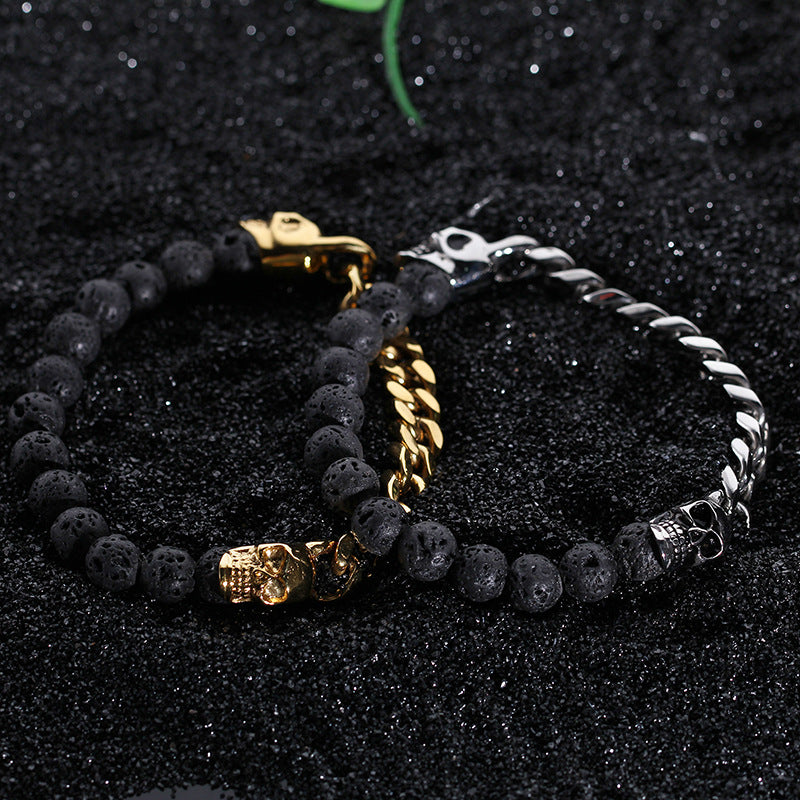 Men's Volcanic Stone Beaded Bracelet with Stainless Steel Skull Buddha Accent