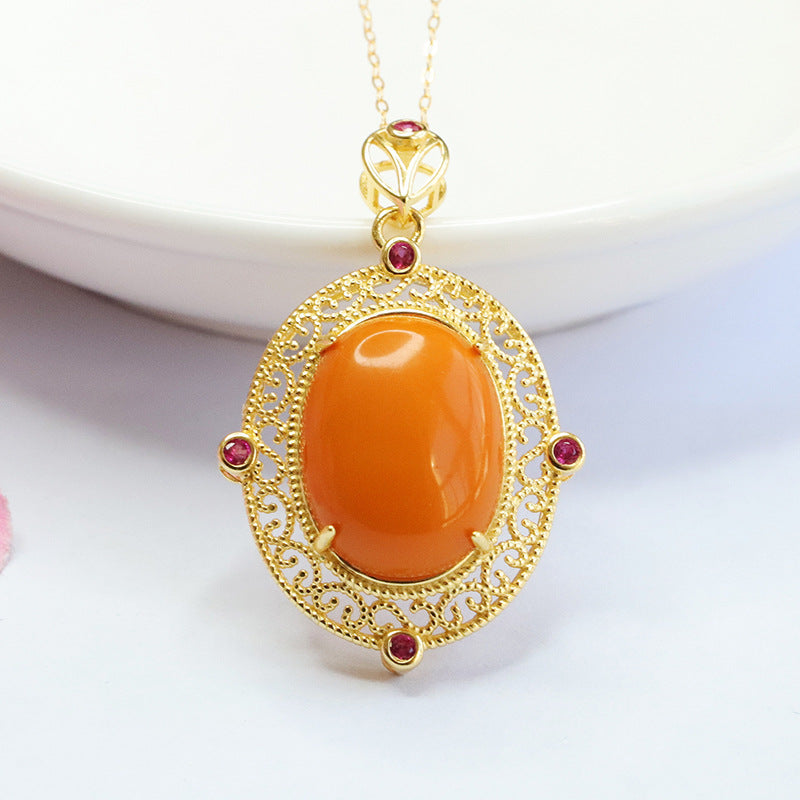 Sterling Silver Beeswax Amber Pendant Hollow Necklace