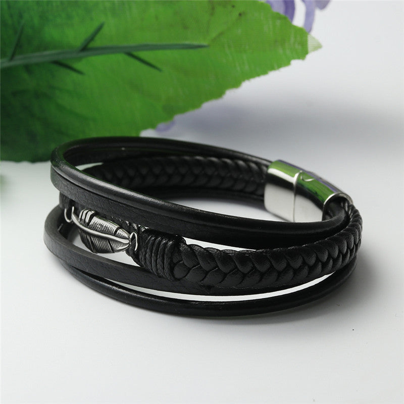 Titanium Steel Woven Feather Leather Bracelet for Men - Personalized Punk Style Accessory