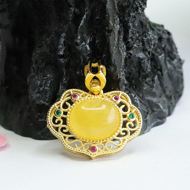 Amber Honey Wax Pendant with Sterling Silver Ruyi Design Jewelry for Women