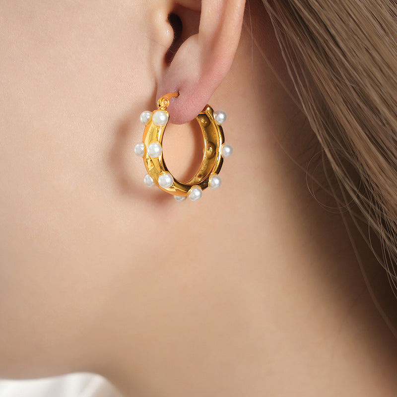 Luxurious Geometric Pearl Inlaid Earrings with Gold Plating