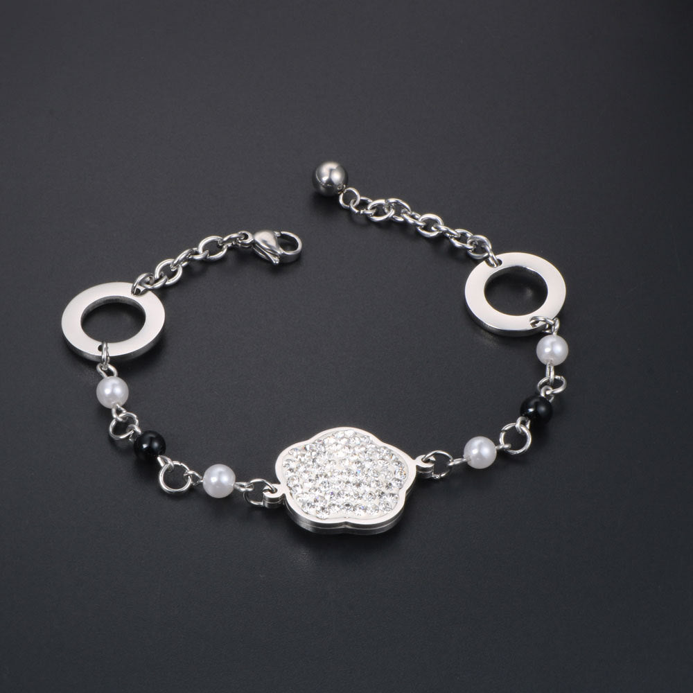 Elegant Titanium Steel Floral Pearl Bracelet - Ideal Gift for Her