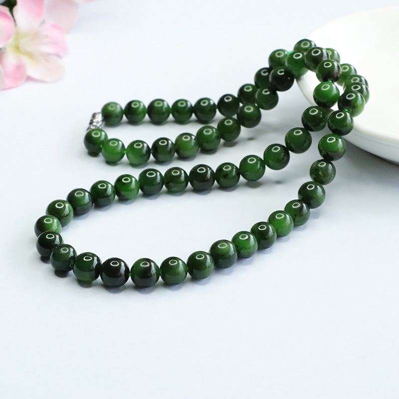 Natural Hetian Jade Necklace Jasper Beads Chain Russian Spinach Green