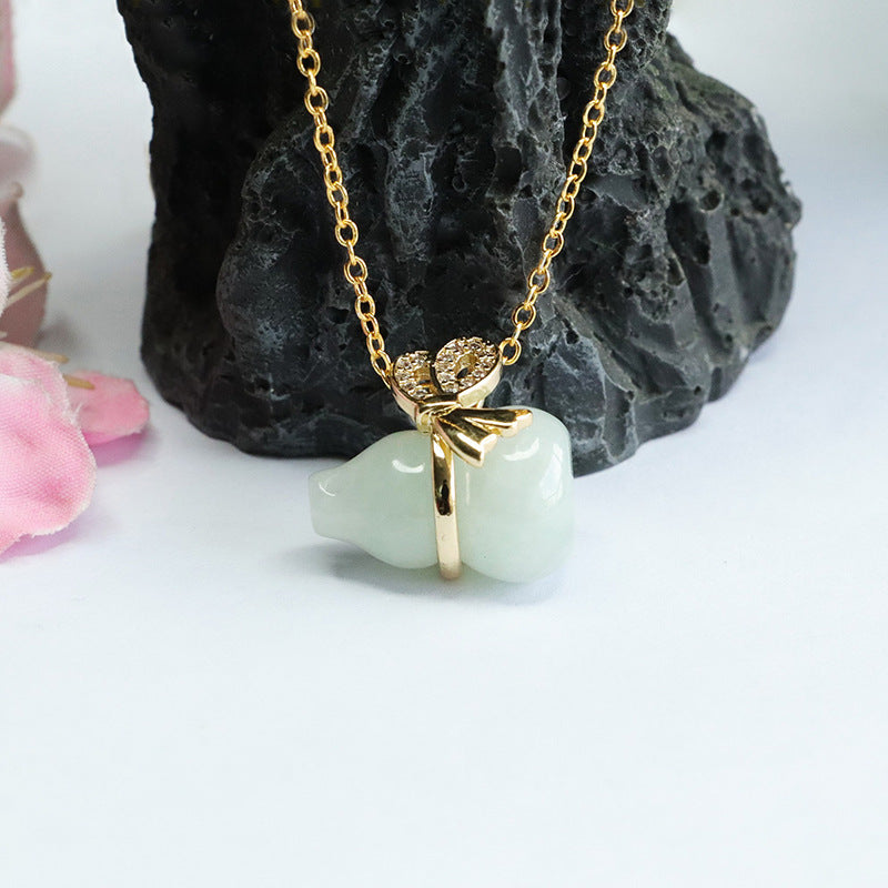 Fortune's Favor Sterling Silver Necklace with Natural Burmese A Jade Gourd and Zircon Bow Pendant